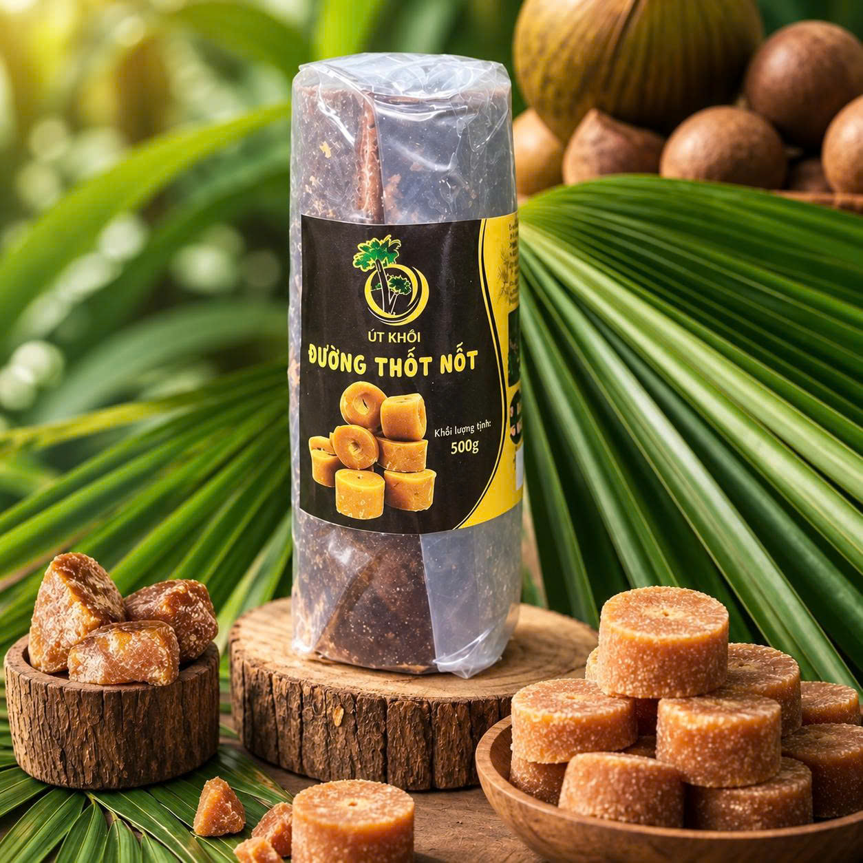 Đường Thốt Nốt Út Khôi dạng viên sẫm đen gói 500g (4 viên lớn )