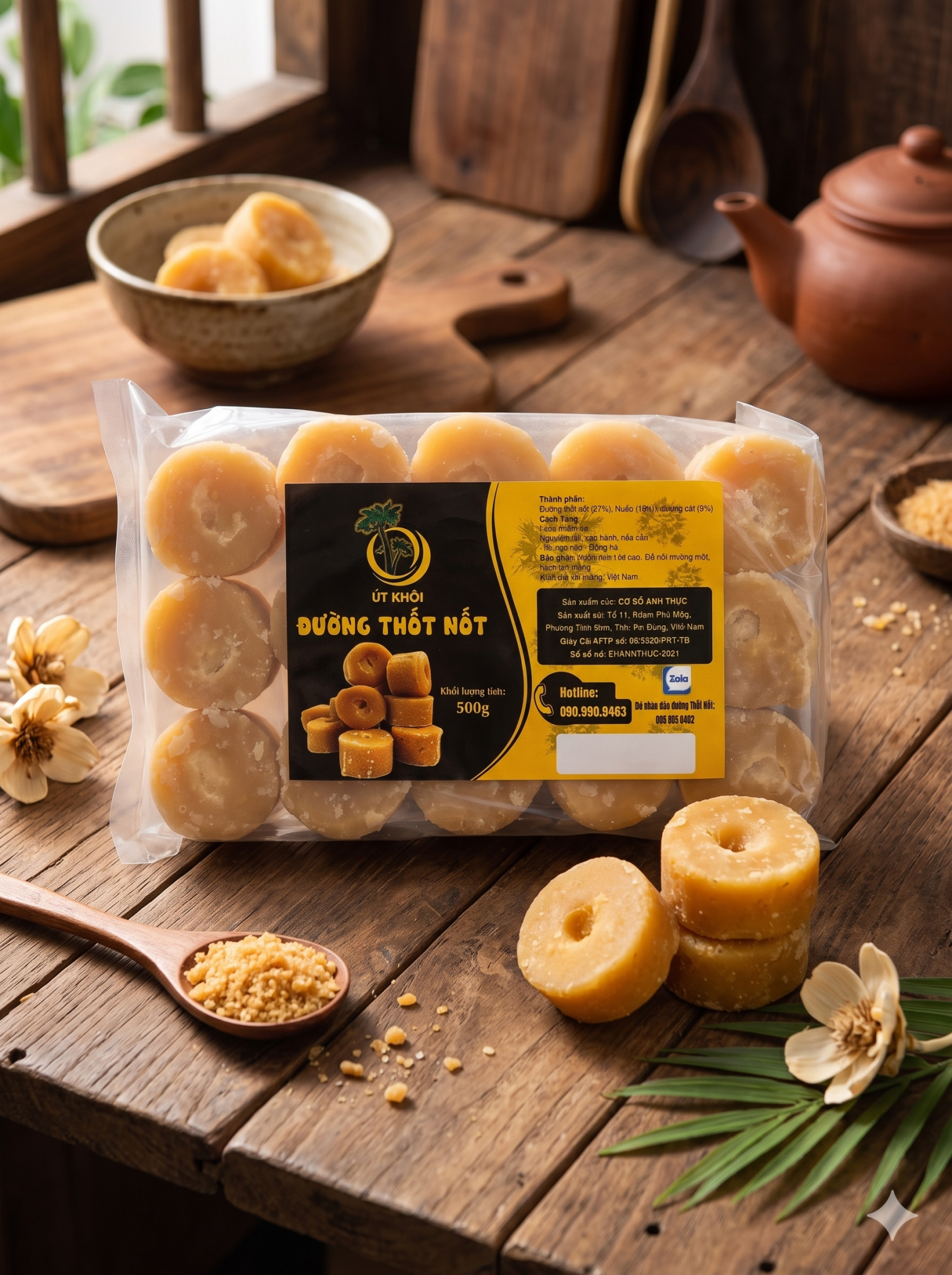 Đường Thốt Nốt Út Khôi viên vàng sáng gói 500g (15 viên nhỏ)